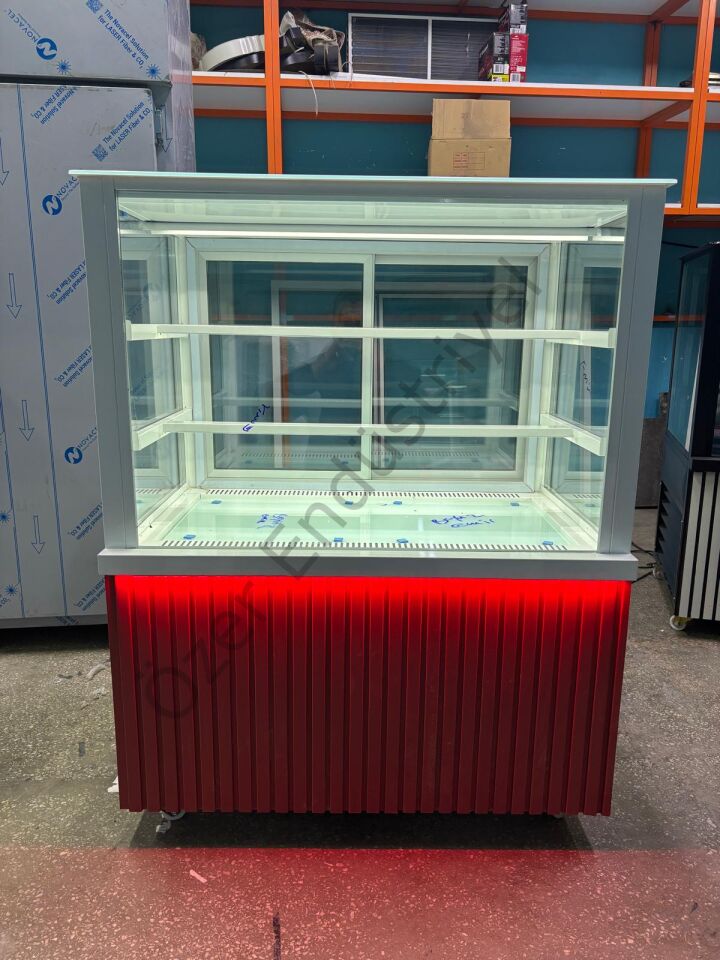 Çift Camlı Pasta Dolabı 100x65x130 cm | Beyaz Gövde Kırmızı LED Vitrin