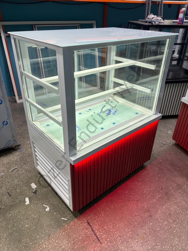 Çift Camlı Pasta Dolabı 100x65x130 cm | Beyaz Gövde Kırmızı LED Vitrin