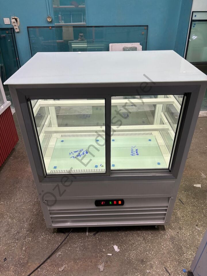 Çift Camlı Pasta Dolabı 100x65x130 cm | Beyaz Gövde Kırmızı LED Vitrin