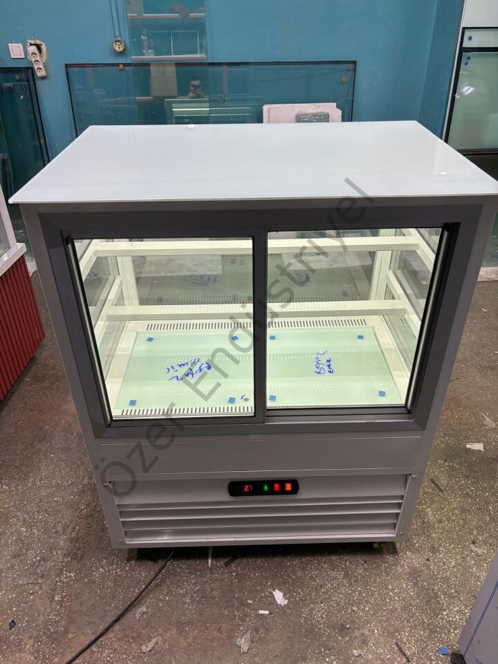 Çift Camlı Pasta Dolabı 100x65x130 cm | Beyaz Gövde Kırmızı LED Vitrin