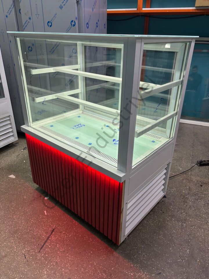 Çift Camlı Pasta Dolabı 100x65x130 cm | Beyaz Gövde Kırmızı LED Vitrin