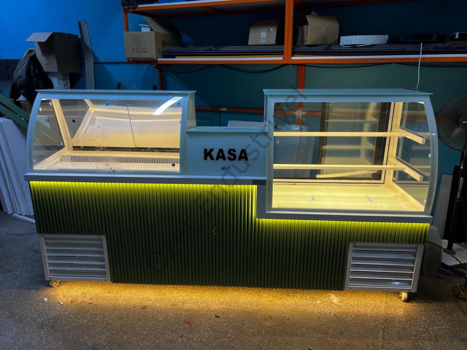 Waffle Tezgahı + Pasta Dolabı Seti | Bombe Camlı Soğutmalı Cafe Tezgahı