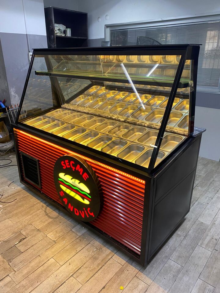 20 Küvetli Soğutmalı Kahvaltı Tezgahı 170cm Sandviç Dolabı +4 Derece Depolu Ledli Teşhir Dolabı