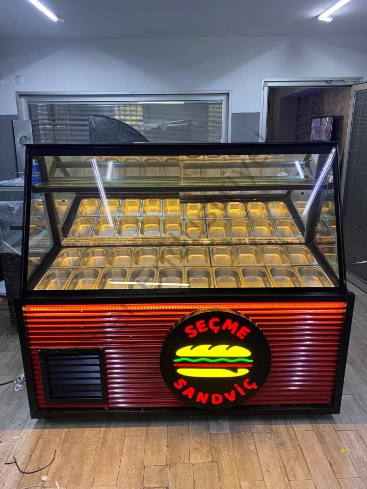 20 Küvetli Soğutmalı Kahvaltı Tezgahı 170cm Sandviç Dolabı +4 Derece Depolu Ledli Teşhir Dolabı