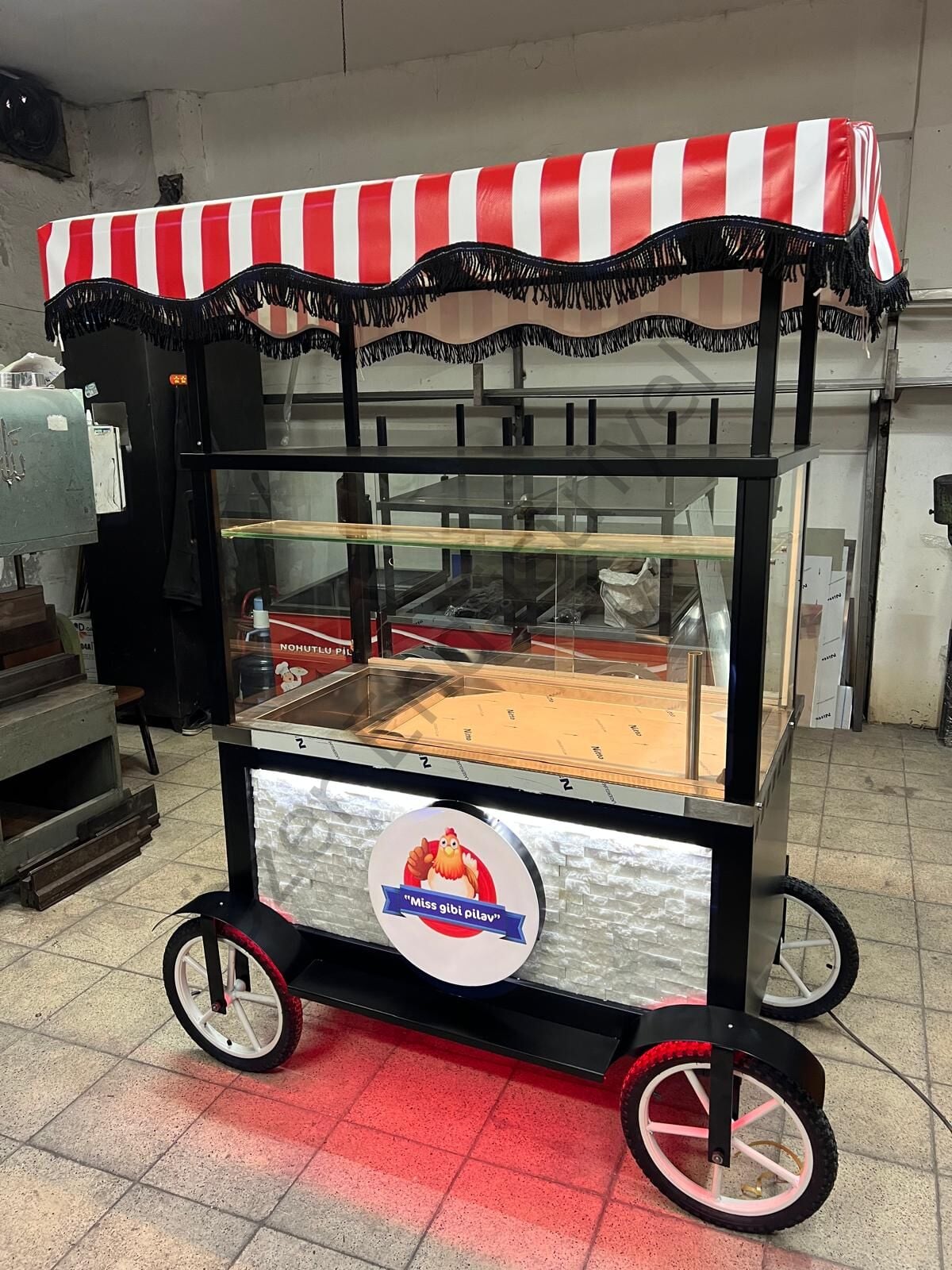 120 cm Tenteli Seyyar Pilav Arabası Camlı Ledli Elektrikli Pilav Tezgahı 4 Tekerlekli