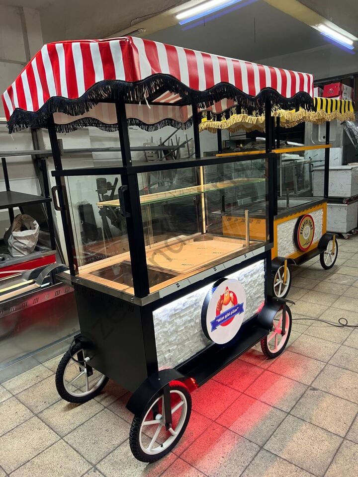 120 cm Tenteli Seyyar Pilav Arabası Camlı Ledli Elektrikli Pilav Tezgahı 4 Tekerlekli