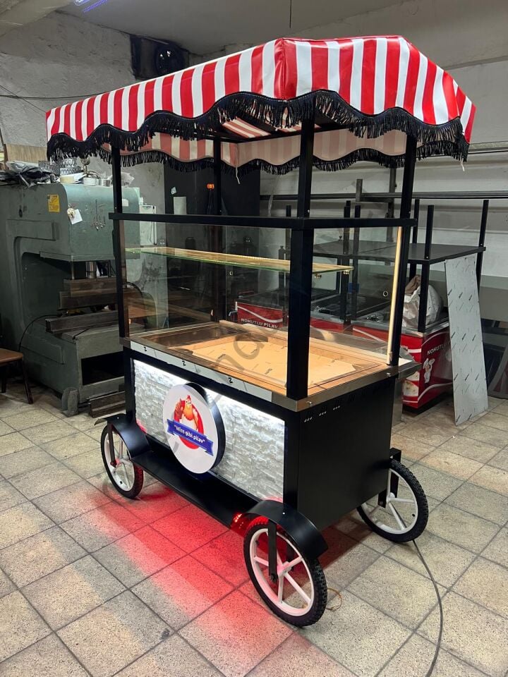 120 cm Tenteli Seyyar Pilav Arabası Camlı Ledli Elektrikli Pilav Tezgahı 4 Tekerlekli