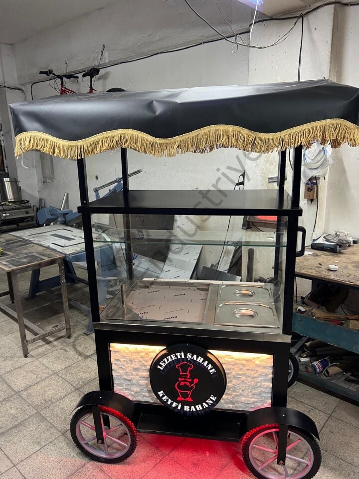Tenteli Pilav Satış Arabası 100x70 cm Camlı Elektrikli Sokak Pilav Tezgahı 2 Küvetli