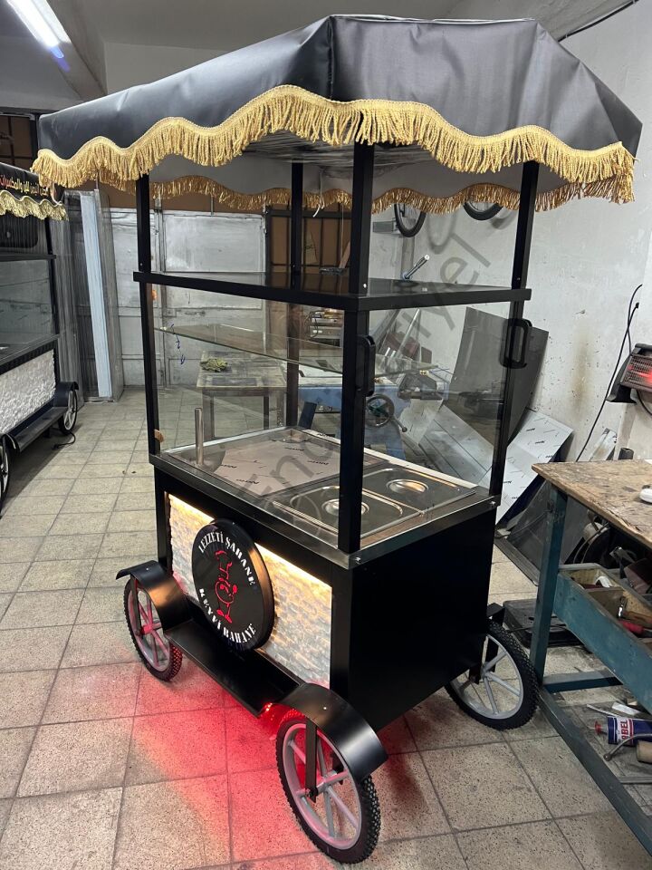 Tenteli Pilav Satış Arabası 100x70 cm Camlı Elektrikli Sokak Pilav Tezgahı 2 Küvetli