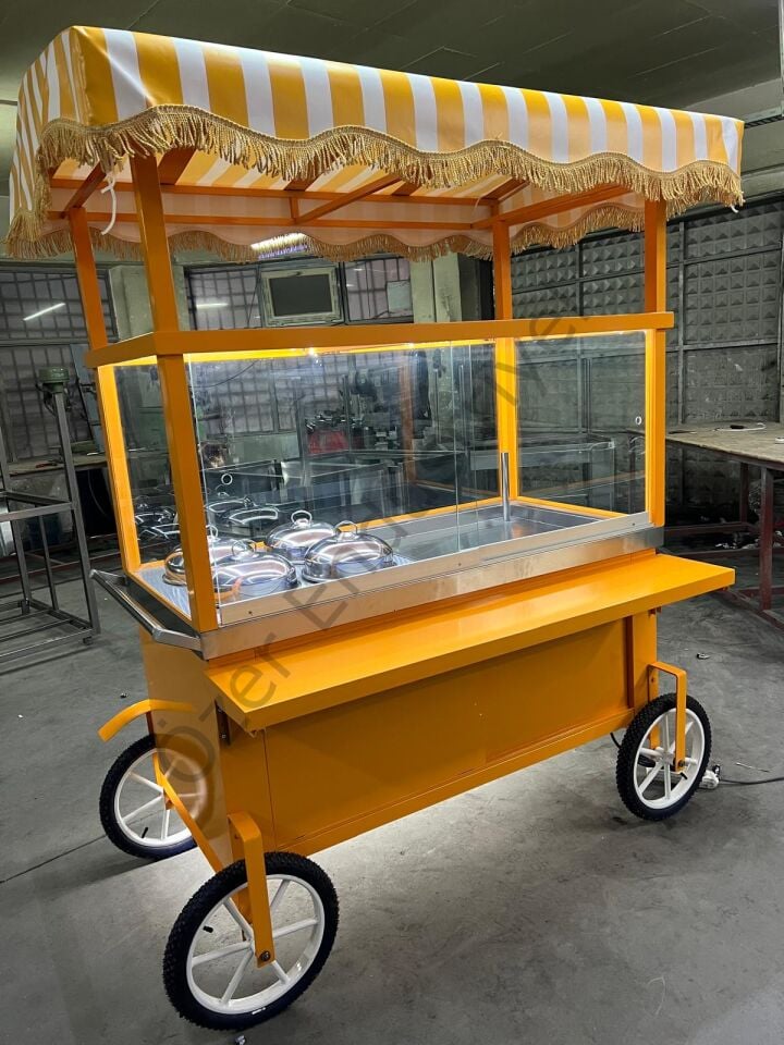 Pilav ve Çorba Arabası 150x70cm | 4 Potlu Çorbacı Tezgahı + Pilav Tezgahı | Tenteli Seyyar Satış Arabası