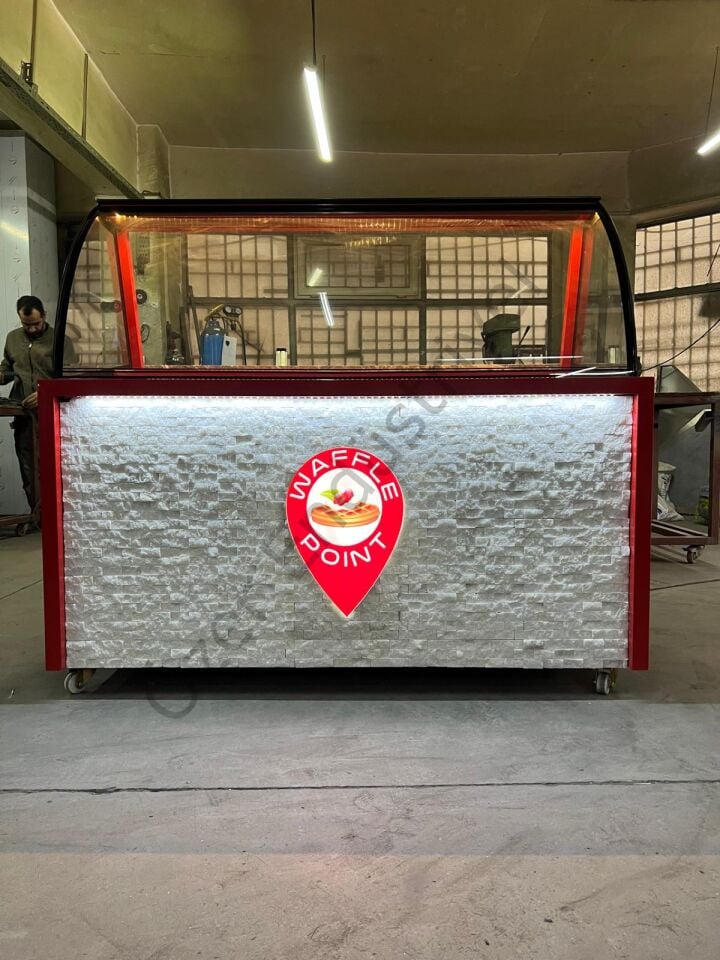 Waffle Standı 150 cm | Bombe Camlı, Ledli, Tekerlekli