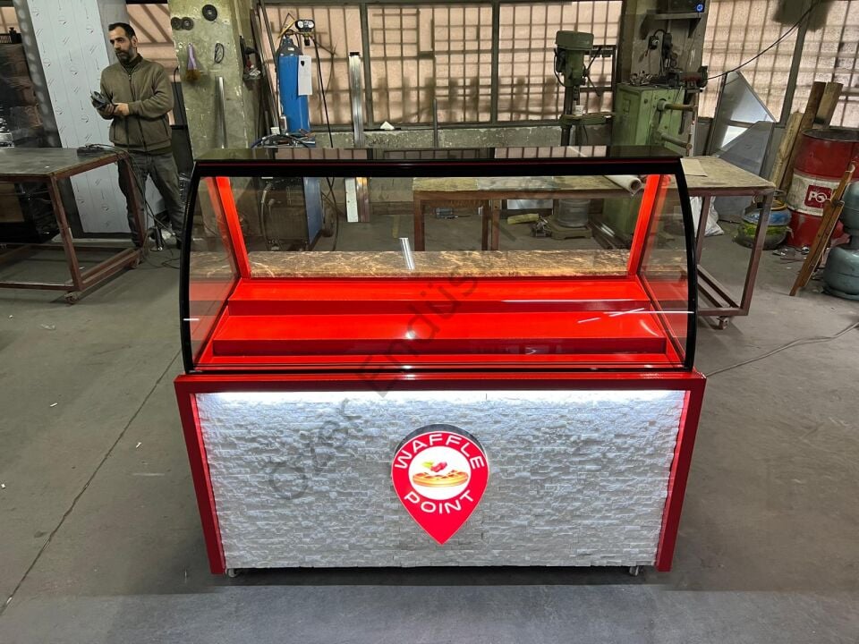 Waffle Standı 150 cm | Bombe Camlı, Ledli, Tekerlekli