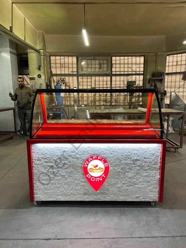 Waffle Standı 150 cm | Bombe Camlı, Ledli, Tekerlekli