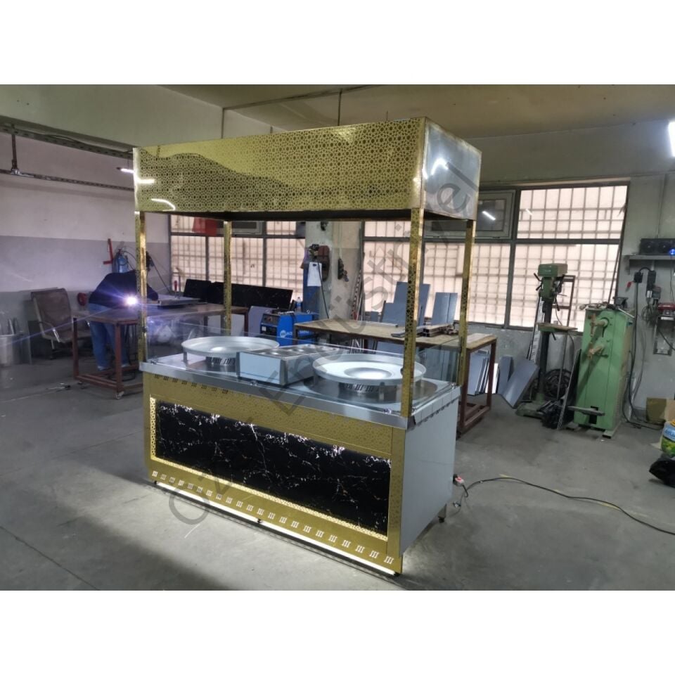 Tantuni Tezgahı 160x70 cm | Tekerlekli, Ledli, Gold Sac