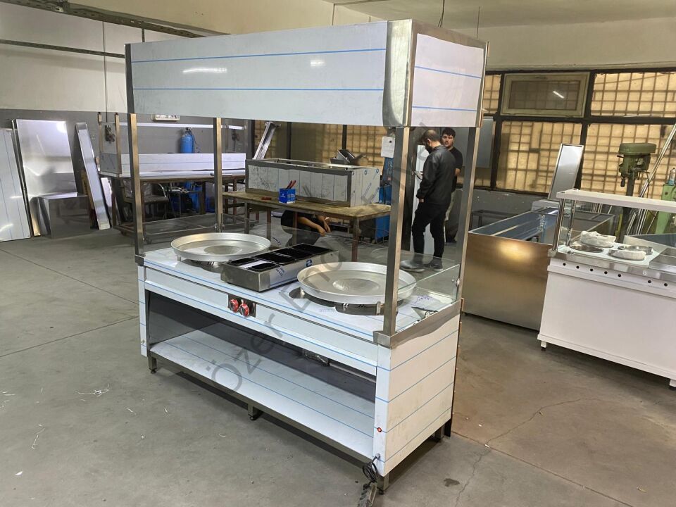 200 cm Çift Tepsili Tantuni Tezgahı | Paslanmaz Çelik, Doğalgazlı/Tüplü