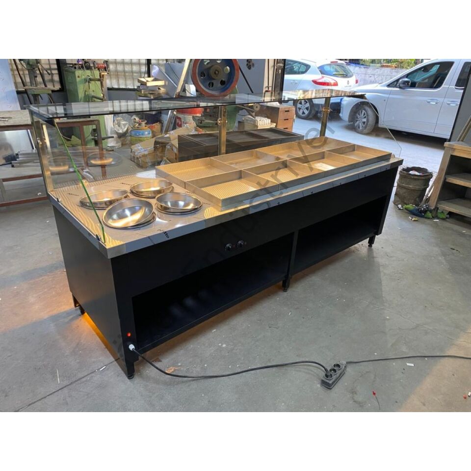 Elektrikli Çift Havuzlu Benmari Tezgahı 6 Yemek 2 Çorba | Siyah Akrilik