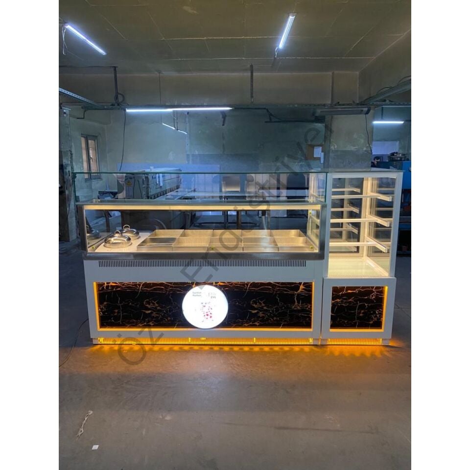 8+4 Benmari Tezgahı ve Yemek Tezgahı + 65x65 Soğutmalı Pasta Dolabı | 195 cm Set