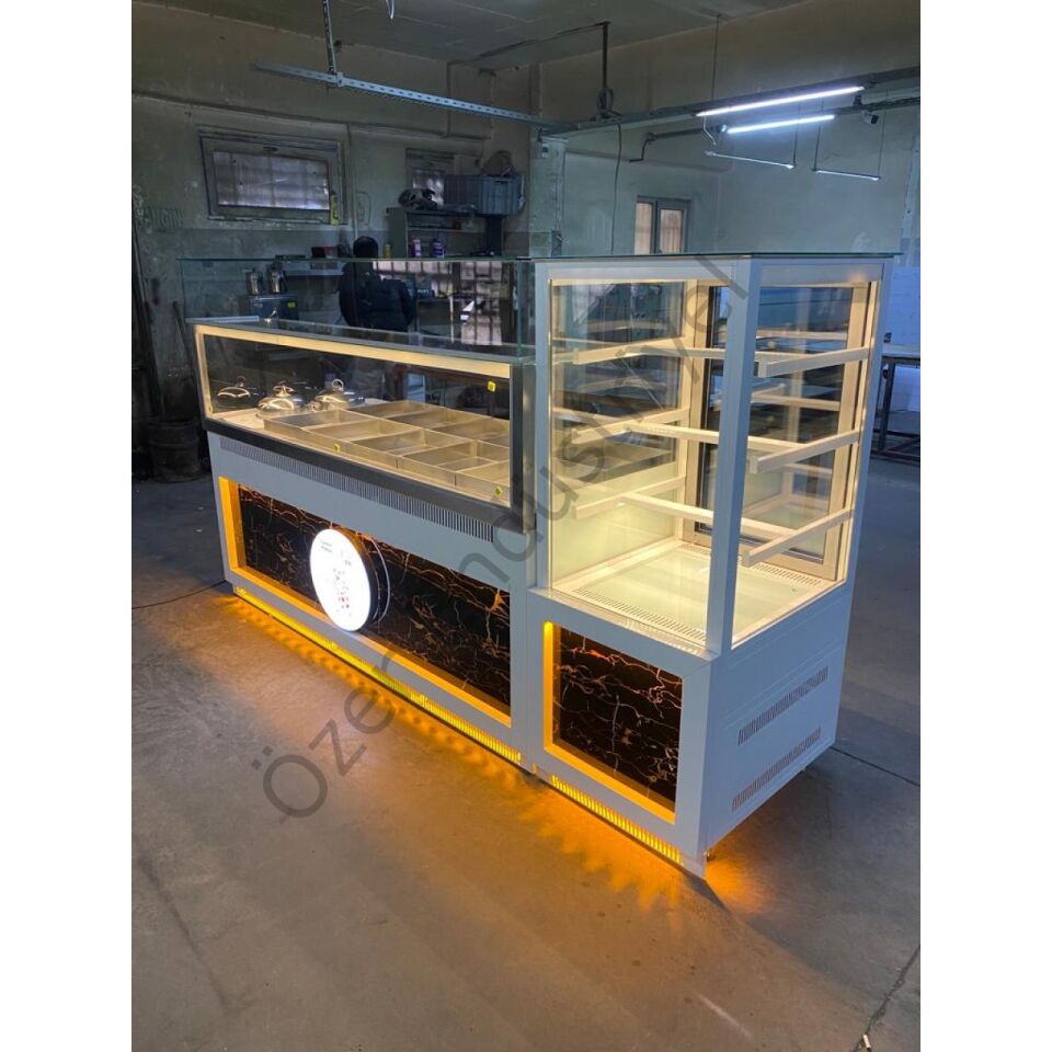 8+4 Benmari Tezgahı ve Yemek Tezgahı + 65x65 Soğutmalı Pasta Dolabı | 195 cm Set