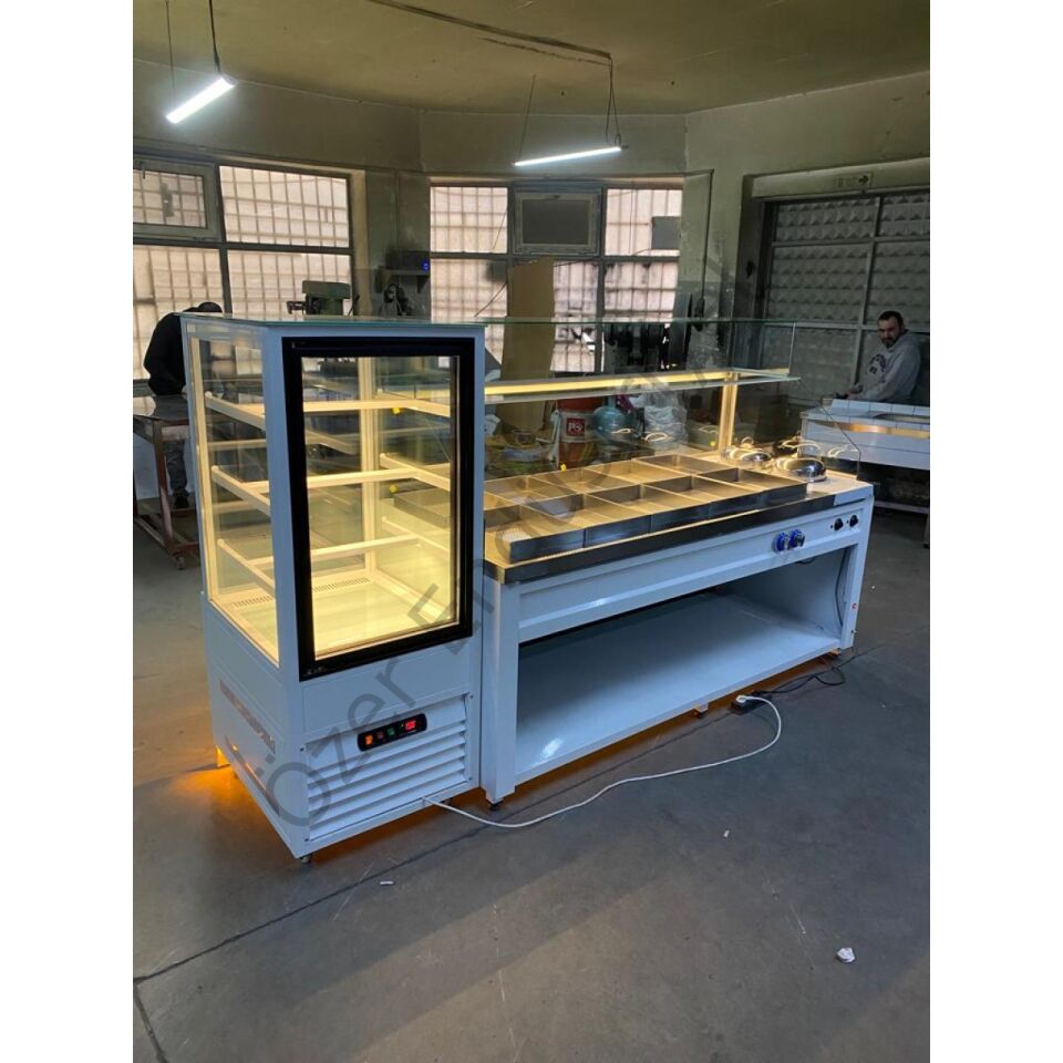 8+4 Benmari Tezgahı ve Yemek Tezgahı + 65x65 Soğutmalı Pasta Dolabı | 195 cm Set