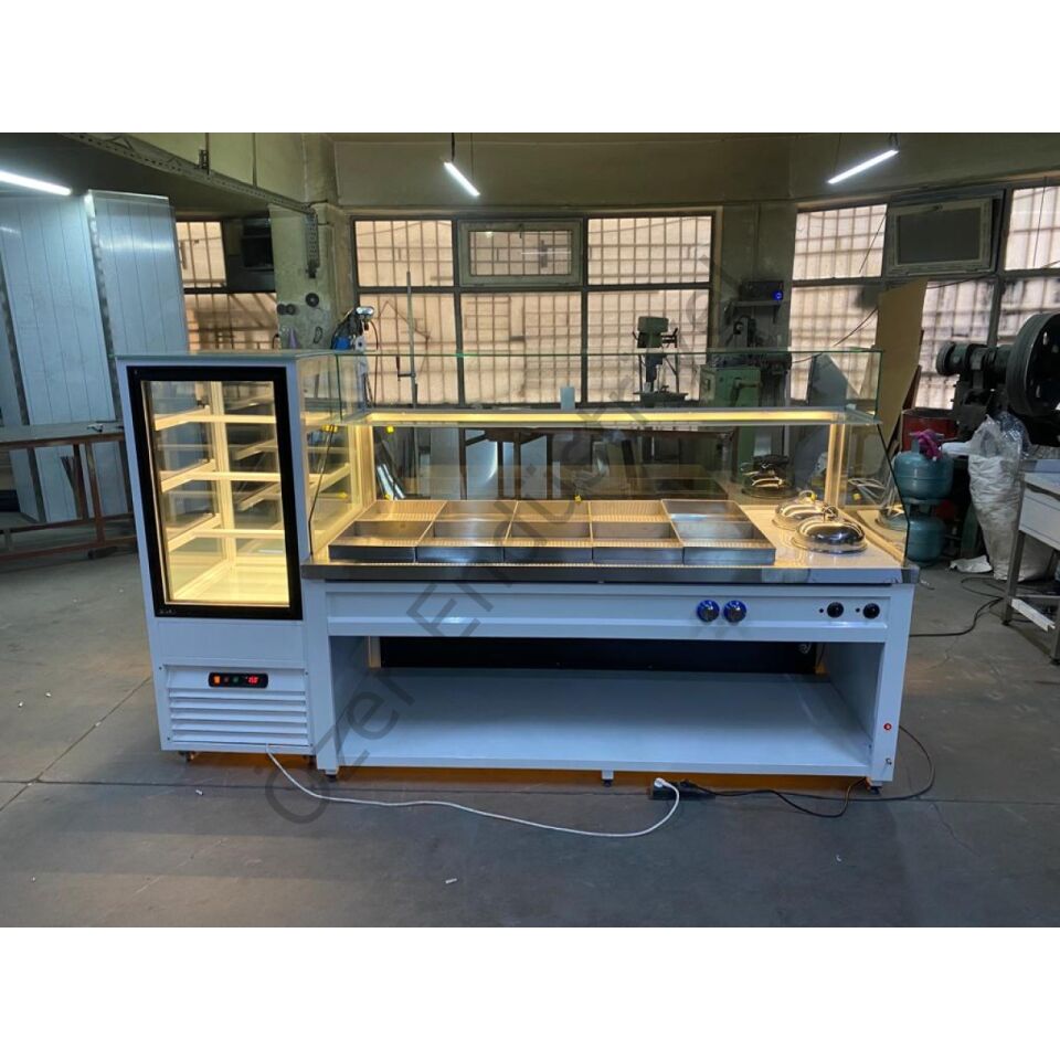 8+4 Benmari Tezgahı ve Yemek Tezgahı + 65x65 Soğutmalı Pasta Dolabı | 195 cm Set