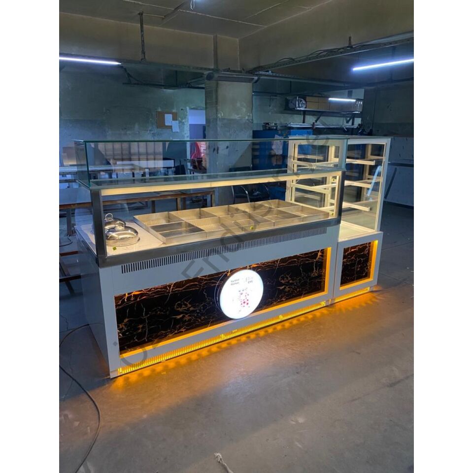 8+4 Benmari Tezgahı ve Yemek Tezgahı + 65x65 Soğutmalı Pasta Dolabı | 195 cm Set