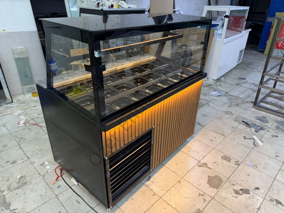 130 Cm Kare Camlı Kumpir Dolabı | Ahşap Dekorlu